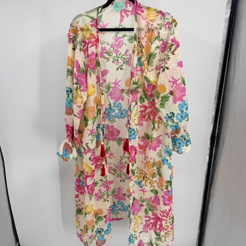True Destinations Floral Seashell Kimono Duster Tassel Tie Maxi Cover Up Large